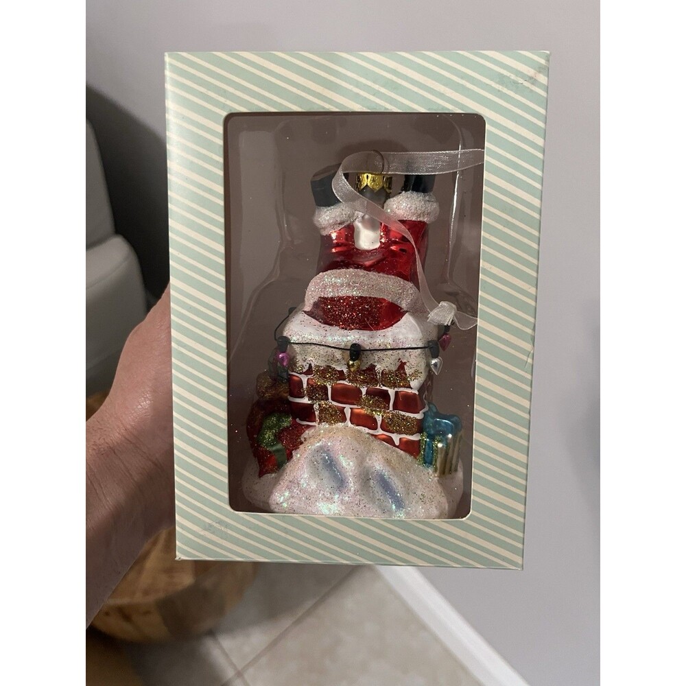 NEW Jingles & Joy Glass Christmas Santa Stuck In Chimney Ornament Upside Down